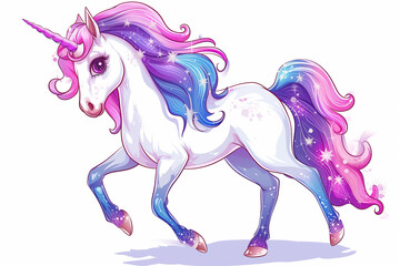 Illustration of an Enchanting Galloping Unicorn in White, Pink, and Blue Tones, Adorned with Stars. A Charming Image Capturing the Whimsy and Grace of the Magical Creature
