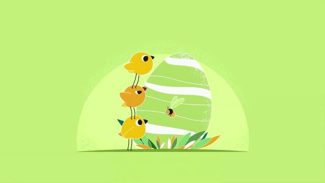 2d Animated Illustration Of Sweet Easter With Happy Birds Standing On One Another Beside Easter Egg And Bee