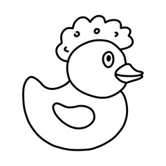 Cute bath duck with a bubble on the head. Handdrawn clipart of duck toy for playing during taking a shower and bathe. Simple funny doodle with hand drawn outline isolated on white