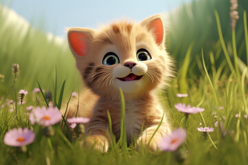 3d rendered of cute cat in green garden