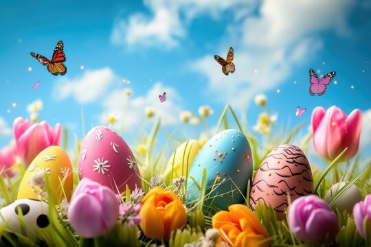 Festive egg finding concept. Side view closeup image of bright Easter eggs cleverly hidden in a grassy field full of spring flowers, with the flutter of butterflies on a sunlit day. Generated AI