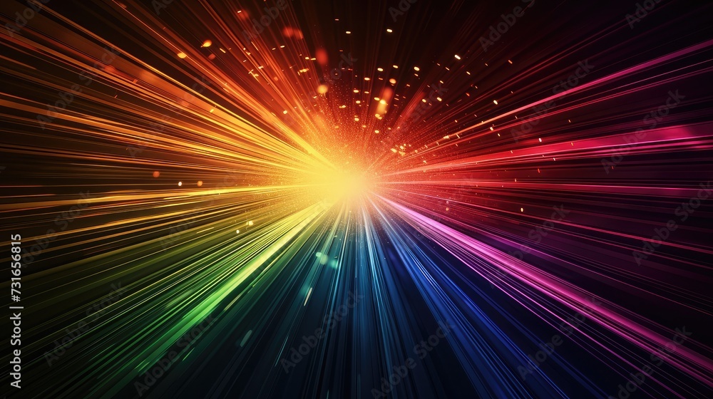 Poster abstract dark background of light with stripes of colourful rays moving from the center