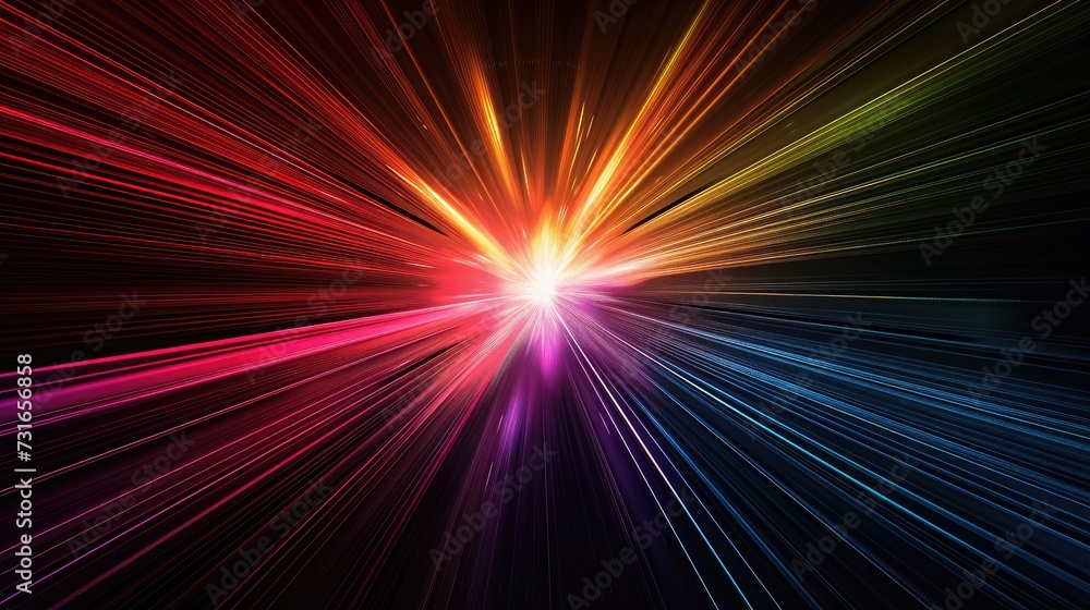 Poster abstract dark background of light with stripes of colourful rays moving from the center