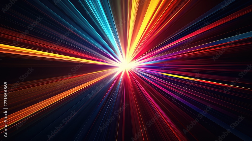Poster abstract dark background of light with stripes of colourful rays moving from the center