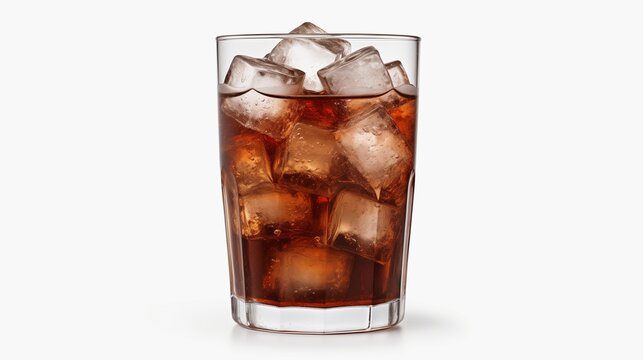 A refreshing and enticing image featuring a glass with ice and cola, perfectly isolated on a clean white background.  