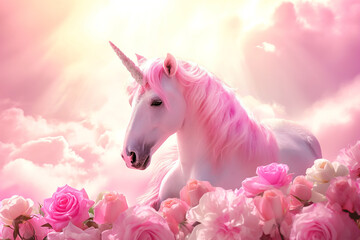 Obraz na płótnie Canvas White Unicorn with Bright Pink Mane Amidst Vibrant Pink Roses Against a Sunny Sky. A Captivating and Enchanting Scene Perfect for Wallpaper or Backgrounds