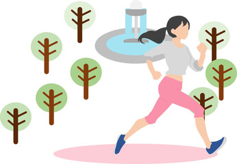 ダイエットのため公園でランニングしている女性のイラスト