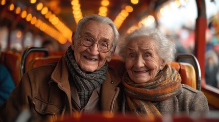 couple in the park, The happy emotions of an elderly men and women having good time on a roller coaster in the park