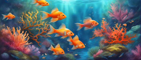 Obraz na płótnie Canvas Goldfishes swimming in the aquarium.