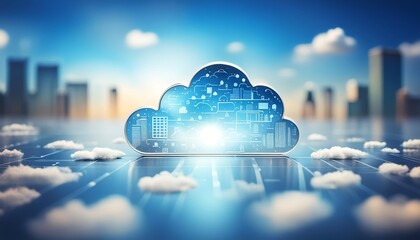 cloud computing concept - cloud with hologram digital wireless connection, data transfer cloud. Futuristic technology background..	 - obrazy, fototapety, plakaty