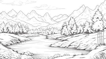 Fototapeta na wymiar Landscape with mountain river lake forest, outline drawing vector scenery panorama