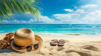 Sun glasses, flip flops, hat, sunglasses on a tropical beach with palm trees next to it - obrazy, fototapety, plakaty