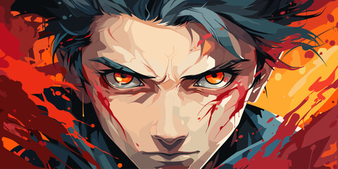 Anime face with red eyes from cartoon. Web banner for anime, manga vector flat bright colors