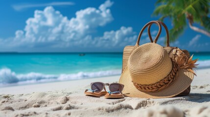 Sun glasses, flip flops, hat, sunglasses on a tropical beach with palm trees next to it - obrazy, fototapety, plakaty