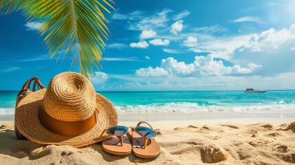 Fototapeta na wymiar Sun glasses, flip flops, hat, sunglasses on a tropical beach with palm trees next to it
