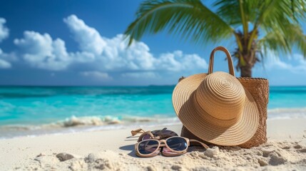 Fototapeta na wymiar Sun glasses, flip flops, hat, sunglasses on a tropical beach with palm trees next to it