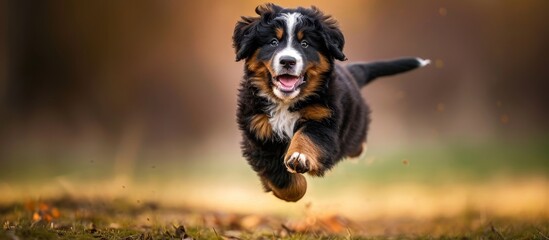 A Bernese Mountain Dog, a large dog breed and a working dog, joyfully runs through a lush field.
