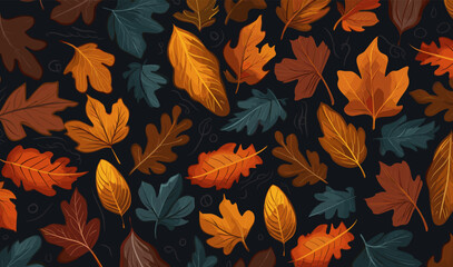 Autumn leaves seamless pattern, lively nature scene vector wallpaper