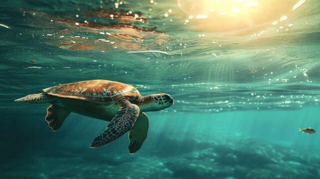 Turtle swimming with a plastic garbage in the ocean, environmental pollution