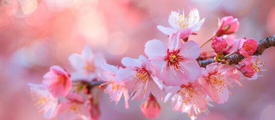 A flowering plant event showcasing a close-up of a cherry blossom twig with magenta petals on a pink flowered tree.