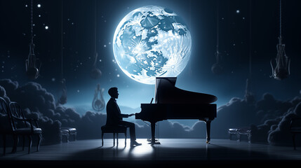 silhouette of a person playing the piano with a big, beautiful moon in the background