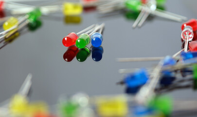 Three main colors of RGB system. Red green blue leds. Light emitting diodes. Selected focus.