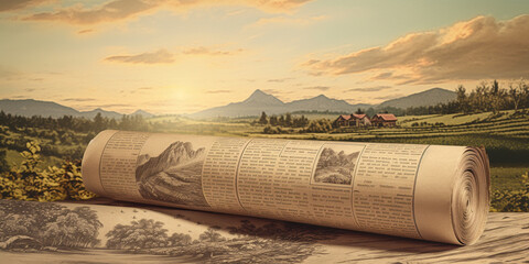 Newspaper roll landscape nautical seems realistic art style hand drawn artistic sunlight background installation