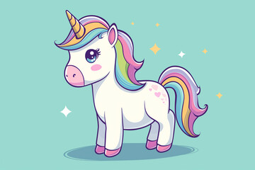 Naklejka premium Cute Cartoon Baby Unicorn on a Mint Green Background. A Delightful Illustration of a Sweet and Adorable Young Unicorn Against a Soft Pastel Backdrop