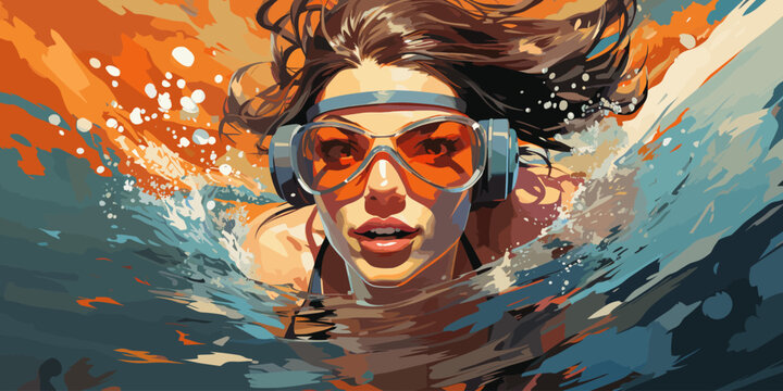female swimming athlete is diving underwater in the swimming pool with the determination eyes vector flat bright colors