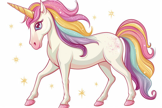 Beautiful Full-Length Unicorn with Glowing Stars Surrounding it on a White Background. An Enchanting Image 