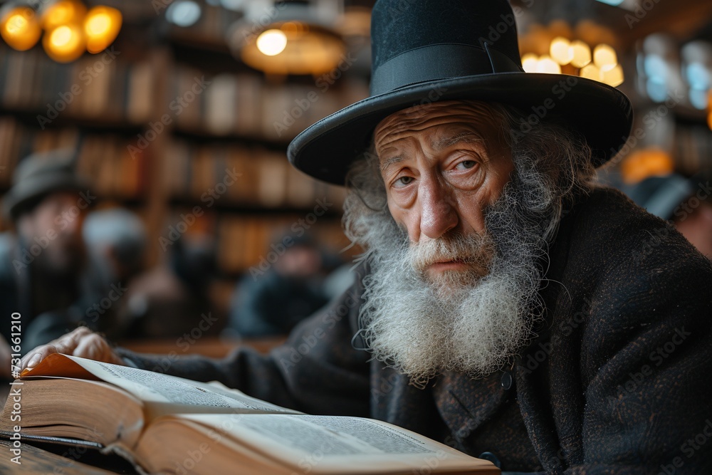 Poster ancient wisdom in modern times: a bearded man reading a book in a library generative ai