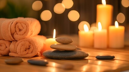 Fototapeta na wymiar Сandles, stones and towel in a spa, Burning candles, stones and towel on massage table