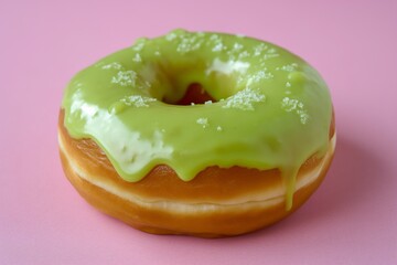 sweet doughnut with green glaze on pink