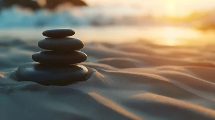 Gordijnen Zen meditation stone background, Zen Stones on the beach, concept of harmony © mirifadapt