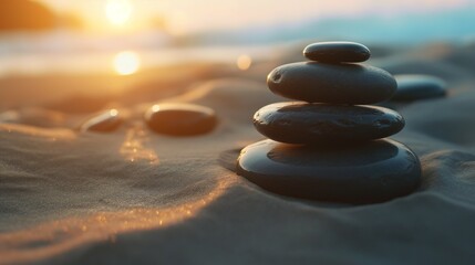 Zen meditation stone background, Zen Stones on the beach, concept of harmony - obrazy, fototapety, plakaty