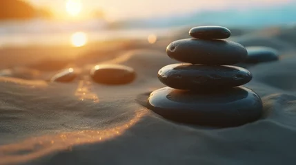 Rolgordijnen Zen meditation stone background, Zen Stones on the beach, concept of harmony © mirifadapt