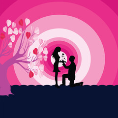 Love Blooms: A Valentine's Day Vector of Enchanting Proposal, Step into a world where love blooms! This enchanting Valentine's Day captures a magical moment of proposal under a whimsical heart tree.
