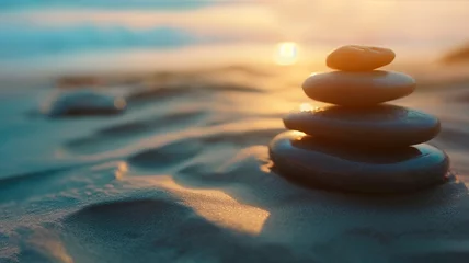 Gordijnen Zen meditation stone background, Zen Stones on the beach, concept of harmony © mirifadapt