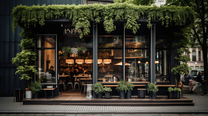 The front of the coffee shop is decorated in a minimalist style with black tones and green trees. Ai generate.