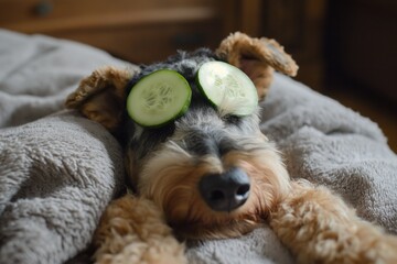 Funny airedale terrier dog spa, laying in bed and relaxing, cucumber slices on eyes