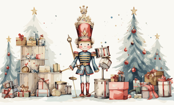 Watercolor Christmas illustration ??" Nutcracker: Ballerina, soldier, rocking horse, Christmas tree, gifts, mouse king, Christmas toys, retro toys, star, musical trumpet, drum.
