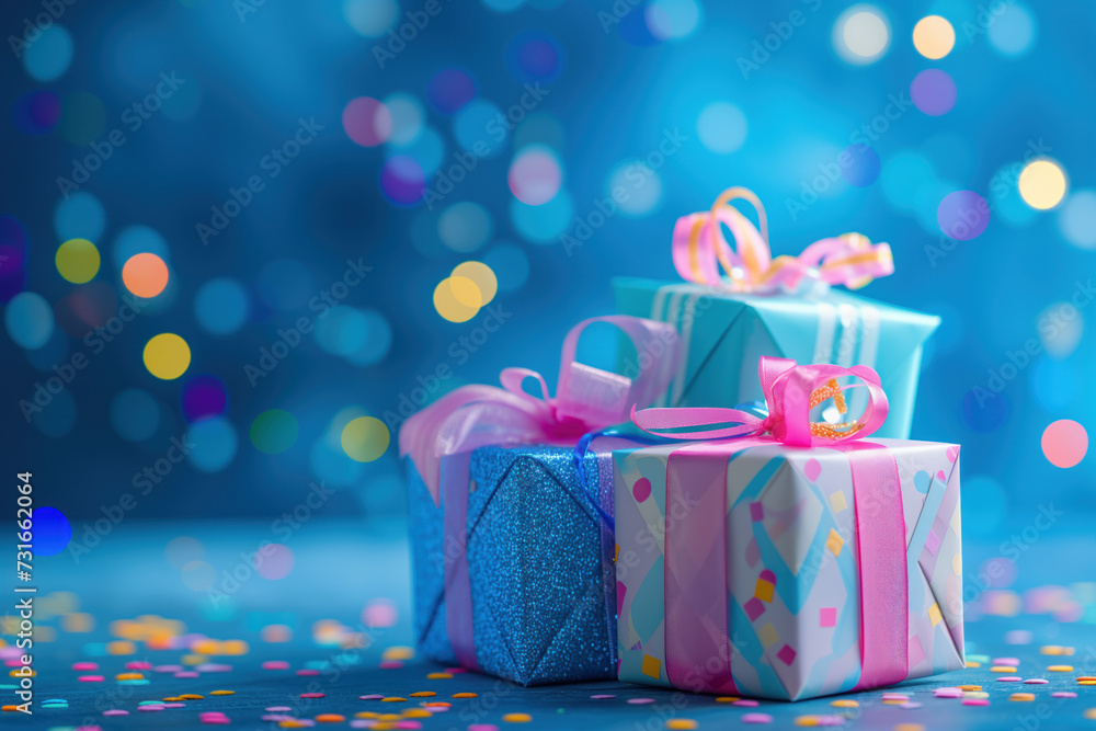 Poster colorful birthday gifts slide background.. created with generative ai technology