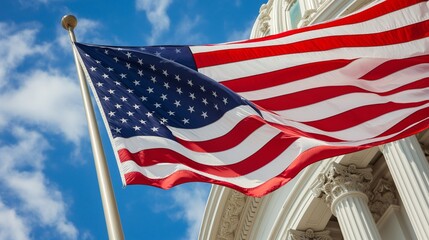 American Flag against US Capitol building, Washington DC, USA