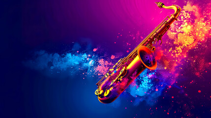 A liquid violet saxophone in a vibrant underwater sky. copy space