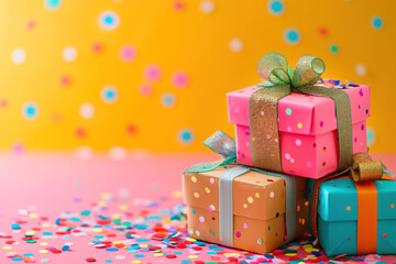 Colorful birthday gifts slide background.. Created with Generative AI technology