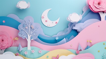 papercraft night design of children's fairytale landscape, pastel colors