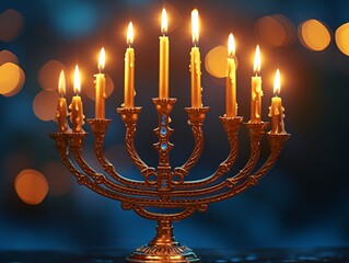 Golden Hanukkah Candles in a Blue Sky Generative AI