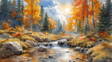 A beautiful forest landscape with a river as a digital illustration - obrazy, fototapety, plakaty