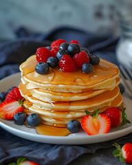 Stack of pancakes with syrup and berries on the white plate in the kitchen
