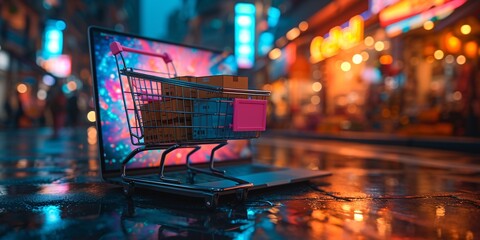 Shopify Shopping: A Pink Shopping Cart on a Laptop Screen Generative AI - obrazy, fototapety, plakaty